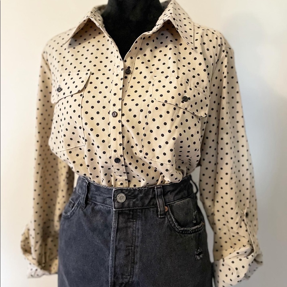 Vintage Notations Tan & Black Polka Dot Blouse